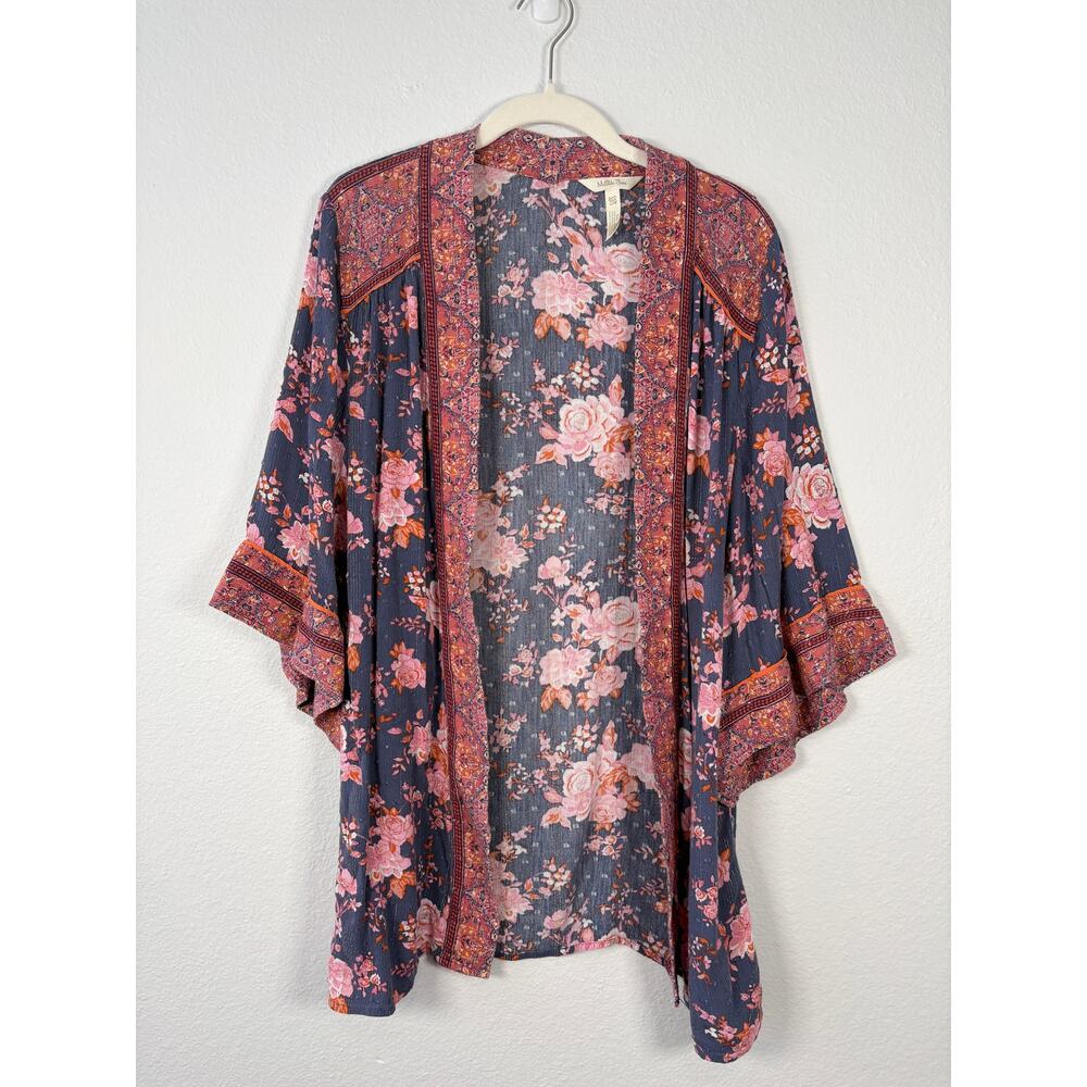 Matilda Jane Boho Hippie Open Front 3/4 Sleeve Metallic Floral Olivia Kimono Top
